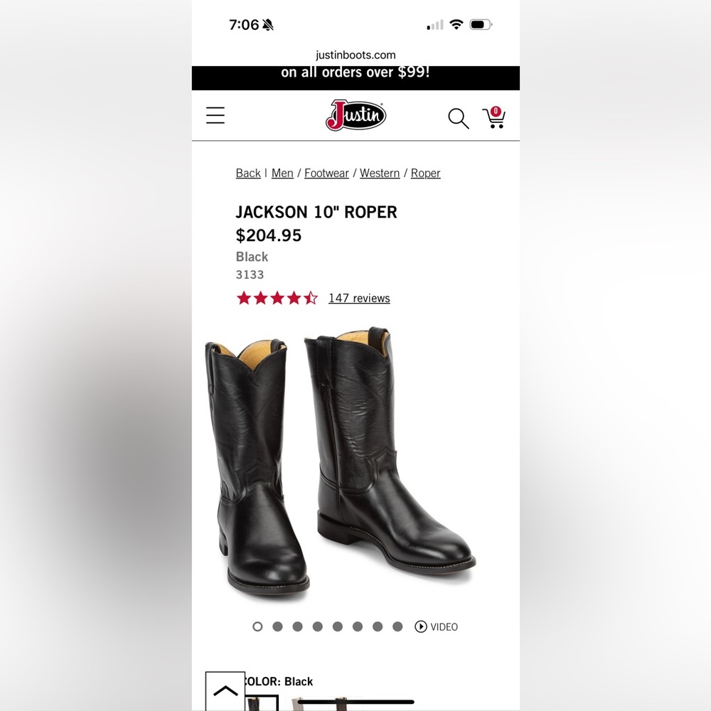 Justin Boots Style 3133 JACKSON Black Western Leather Boots